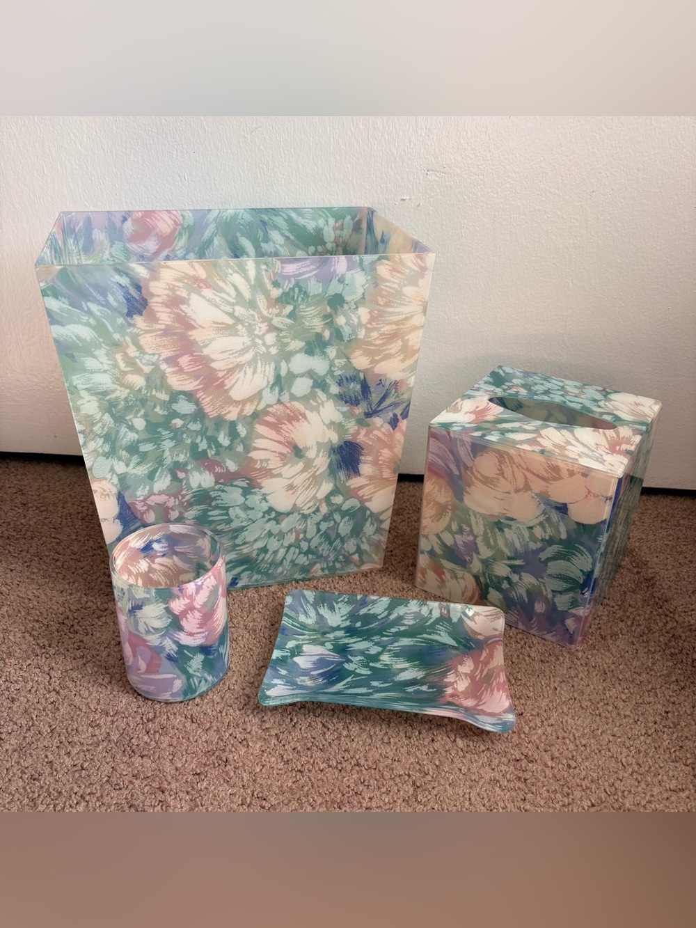 VTG Springs Chiffon Pastel 4pc Floral Bathroom Set Wastebasket Tumbler Soap Dish